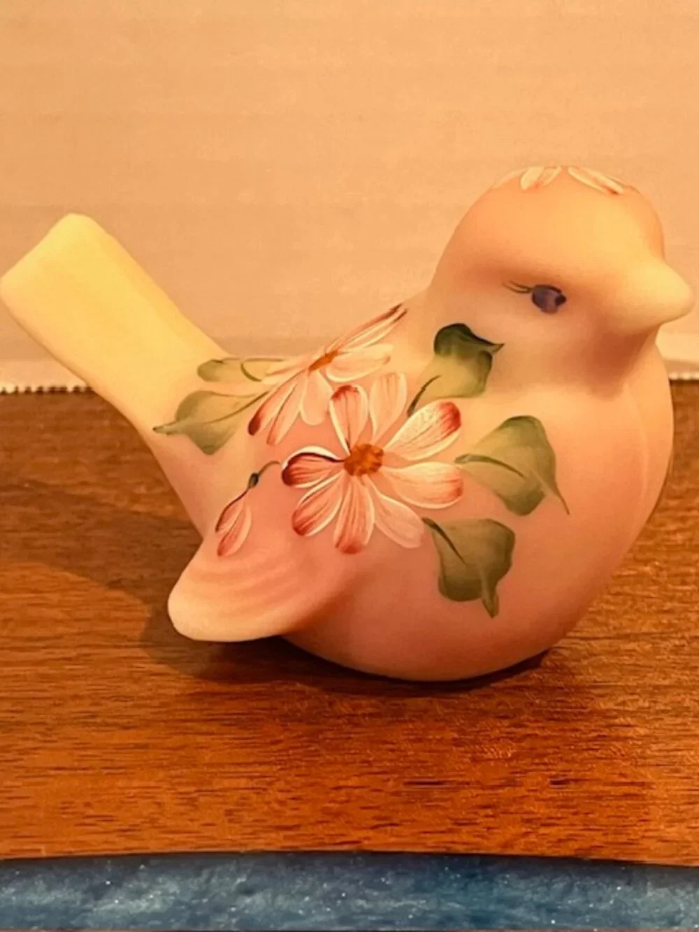 Fenton Burmese Songbird Uranium Figurine with Pink Daisies - Glows